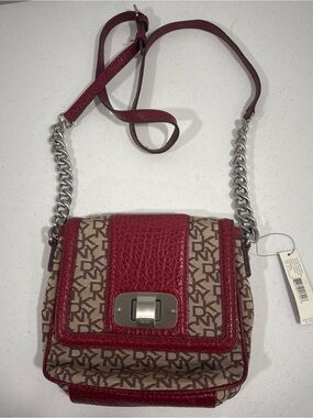 NWT DKNY Brown Logo Crossbody with Red Leather Trim
